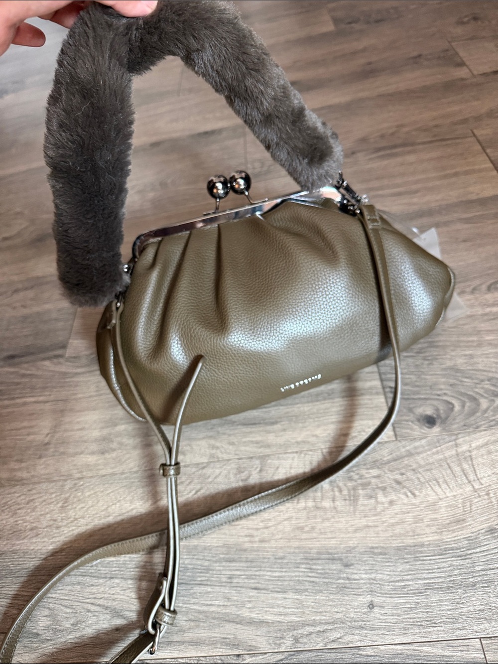 Like Dreams Olive Green Faux-Leather Women's Shoulder Bag w/ Fur Top Handle NWT